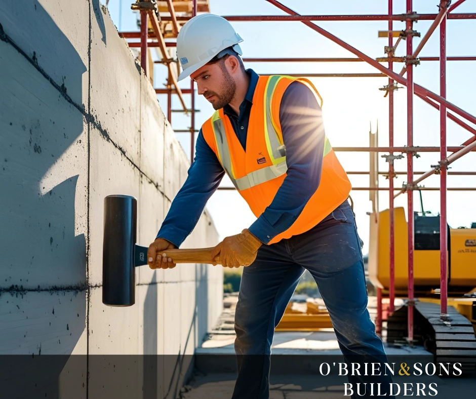 Concrete Strength Testing on Construction Site – "Builder performing strength testing on freshly poured concrete to ensure long-lasting and stable foundations in Tarzana."