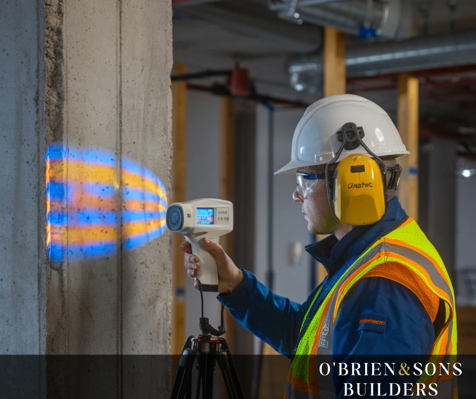 Structural Analysis Using Wall Scanner Tool – "Engineer using digital wall scanner to analyze structural elements of a foundation wall, ensuring safety and durability in a Tarzana construction project."