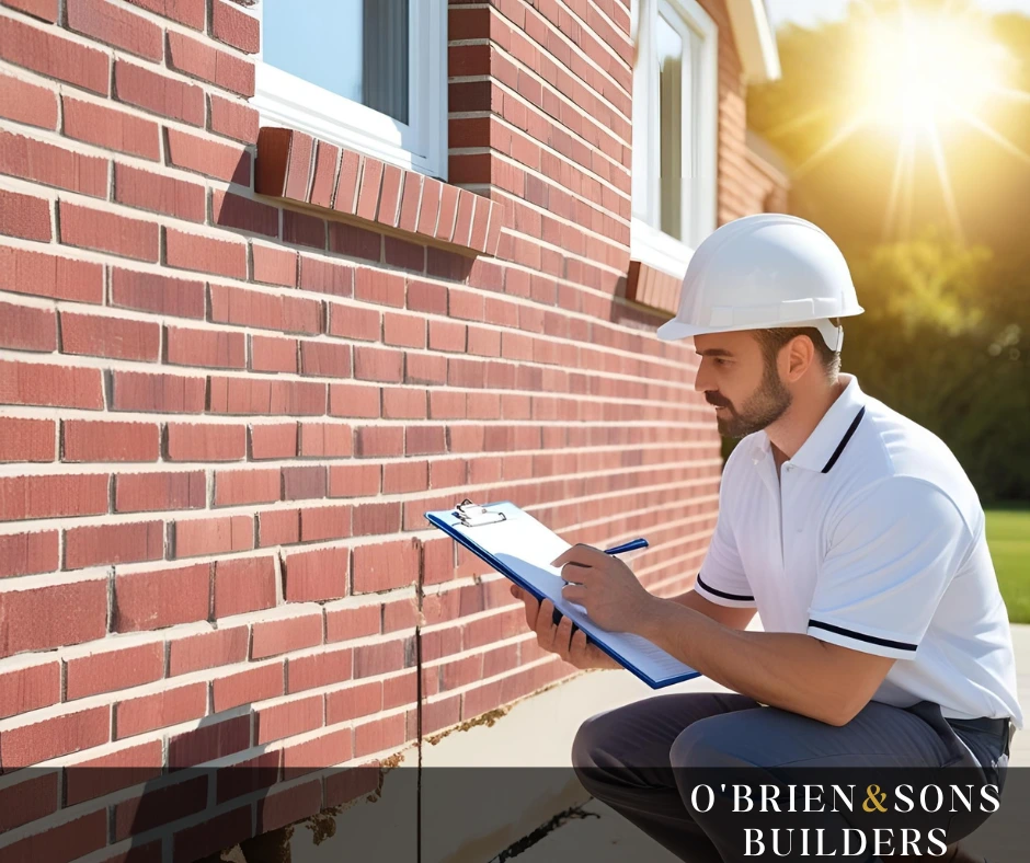 Visual Foundation Inspection at Brick Property – "Foundation inspector examining the exterior of a brick home in Tarzana, CA to assess structural integrity during a visual inspection."