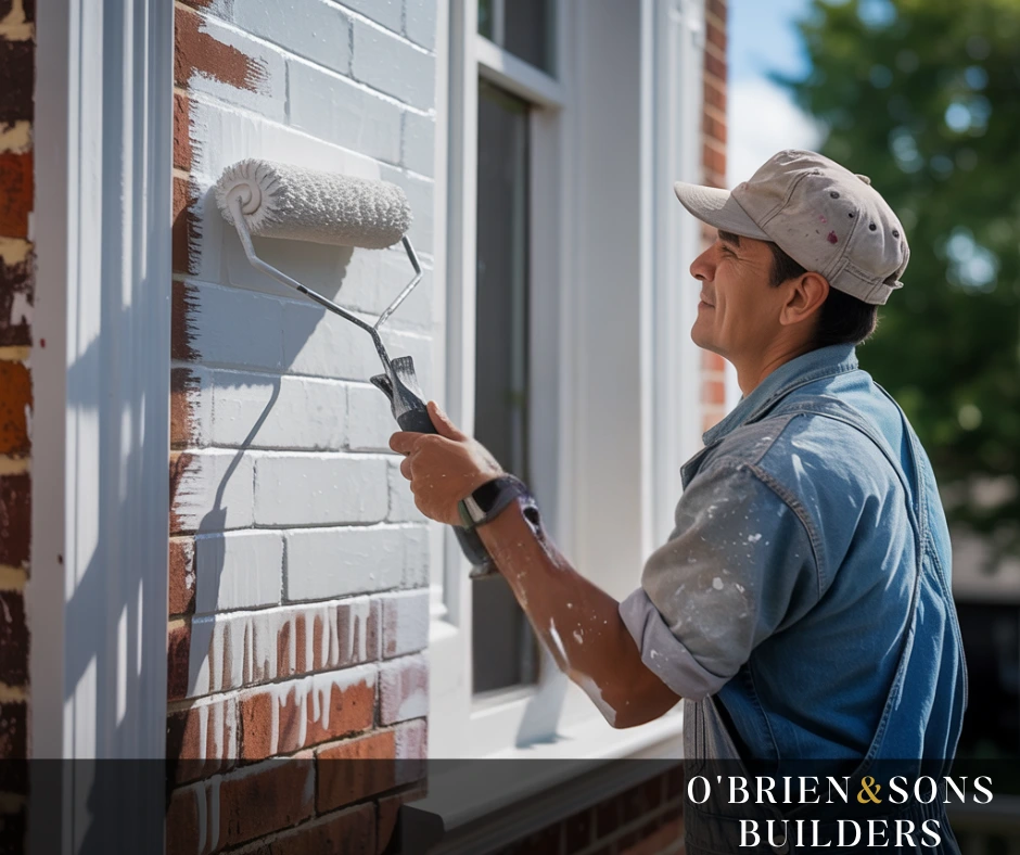 Contractor finishing exterior painting on white house siding, representing a reversed method from top coats to base layers.
