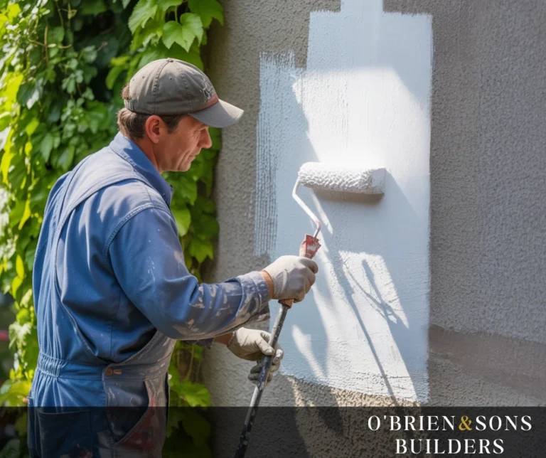 xterior painter applying white paint with a roller on siding, highlighting a reversed approach to choosing durable paints.