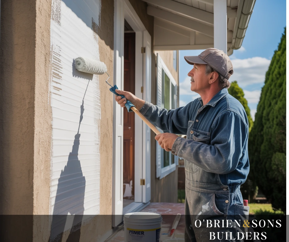 Worker painting home siding with a roller, illustrating how using a high-quality primer contributes to long-lasting finishes.