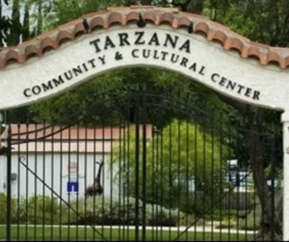 Wrought iron gate and Spanish-style architecture at the Tarzana Community & Cultural Center, a hub for local events and cultural programs.