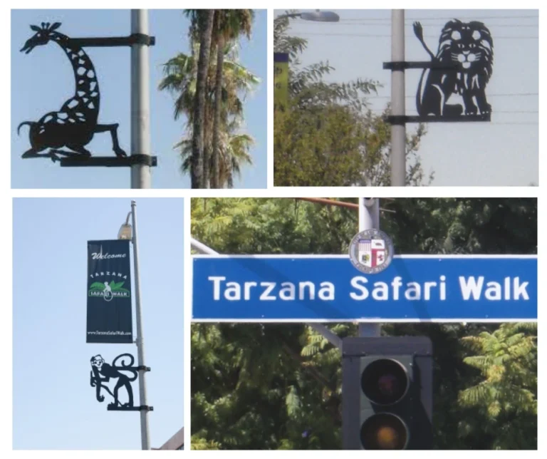 Decorative street signs and animal-themed silhouettes along the Tarzana Safari Walk on Ventura Boulevard, blending art with local charm.